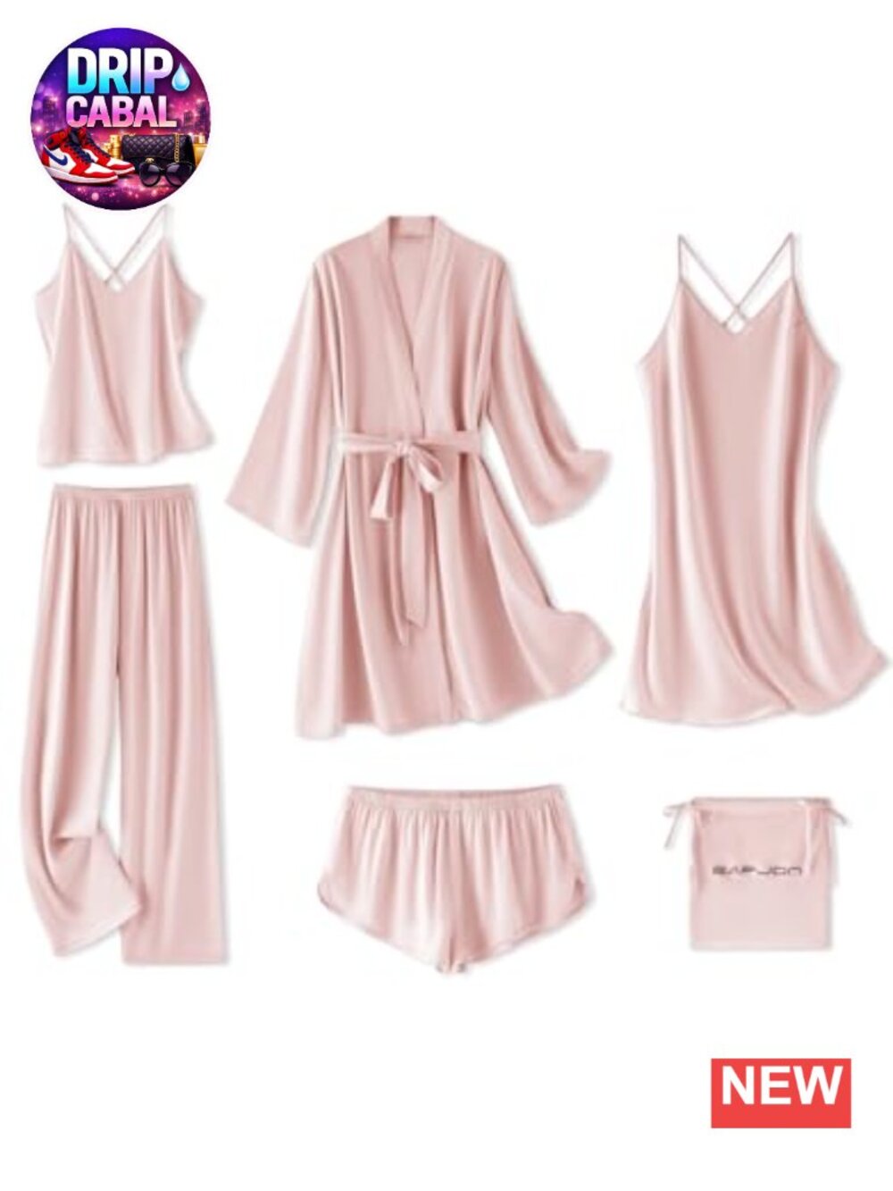 6 Piece Satin Pajama Set Silk Bathrobe Nightdress Cami Shorts Women's Sleepwear
